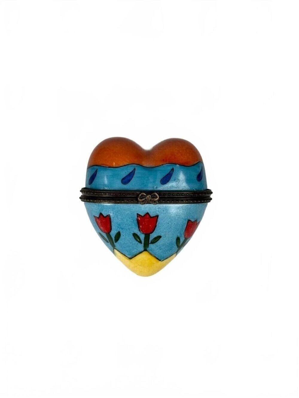 Vintage Hand-Painted Heart Shaped Trinket Box Floral Tulip Motif Hinged Lid